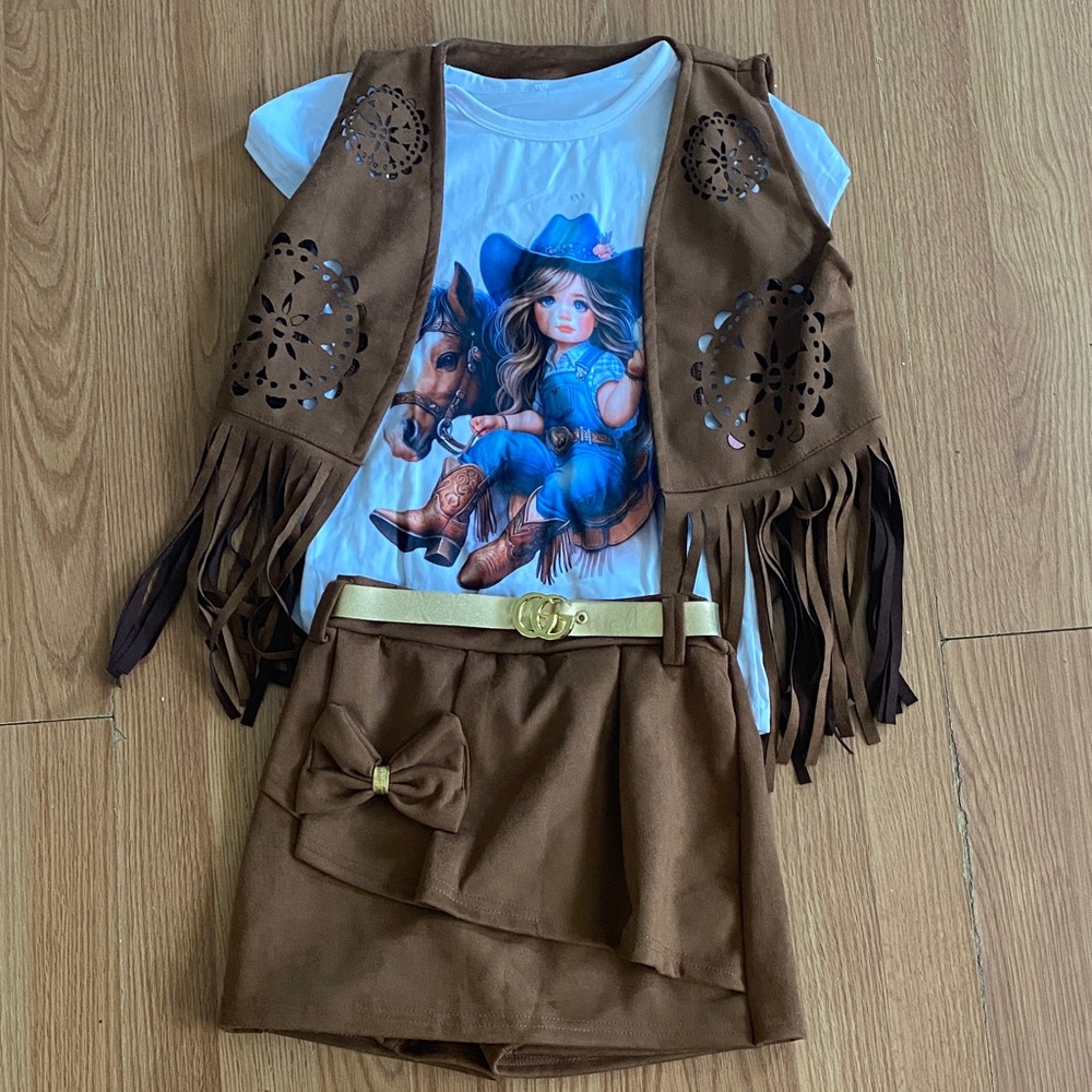 Brown Fringe Vest and Skirt Set with Graphic Tee